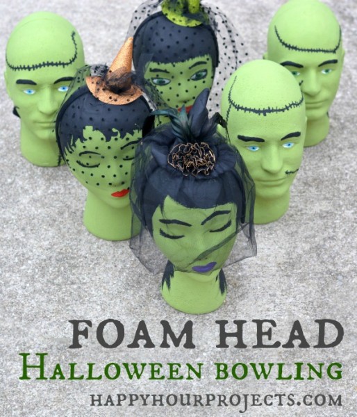 Halloween Kids Game: Foam Head Frankenstein Bowling at www.happyhourprojects.com #MakeItFunCrafts