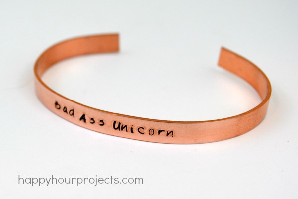 Rustic Hand Stamped Copper Bracelet with Brown Nylon Band BRAVE