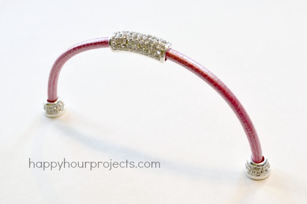 Glue-and-Go Easy Rhinestone and Leather Spring Bracelet at www.happyhourprojects.com