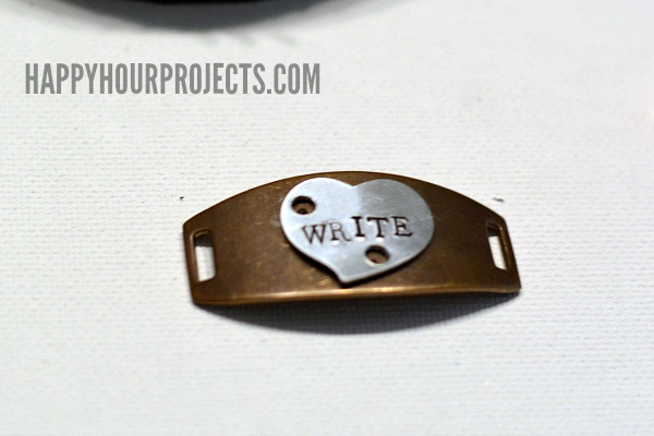 Mixed Media Bracelet: Stamped and Riveted Metal on Leather at www.happyhourprojects.com