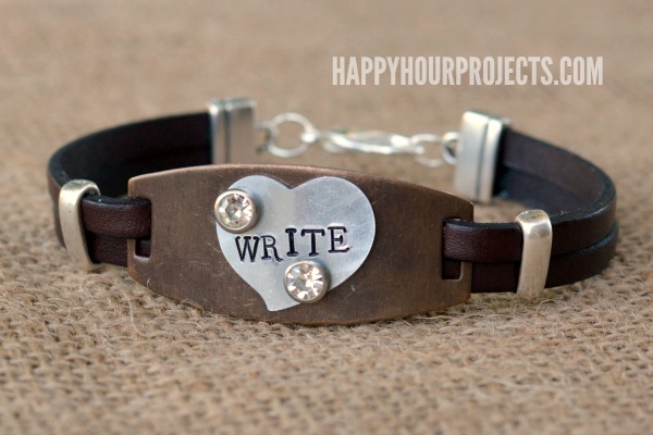 Mixed Media Bracelet: Stamped and Riveted Metal on Leather at www.happyhourprojects.com