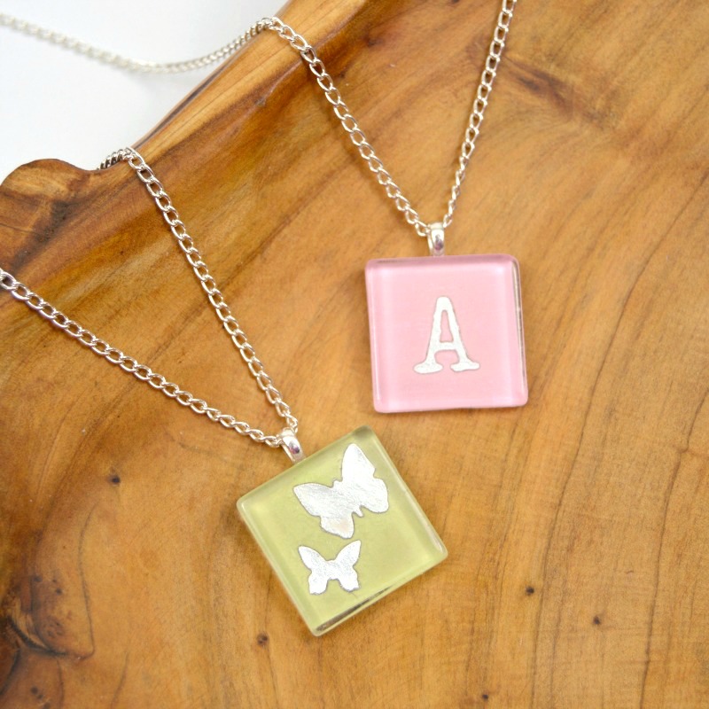 Glass Tile Necklaces with Scrapbook Paper at www.happyhourprojects.com