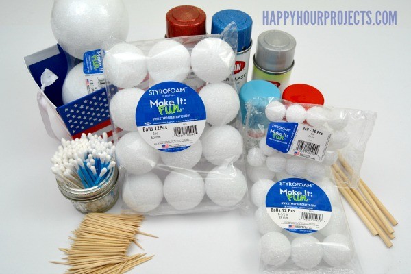 Faux Fireworks Patriotic Centerpiece at www.happyhourprojects.com | Use FloraCraft foam balls and household items to create this red white and blue decor piece! #MakeItFunCrafts