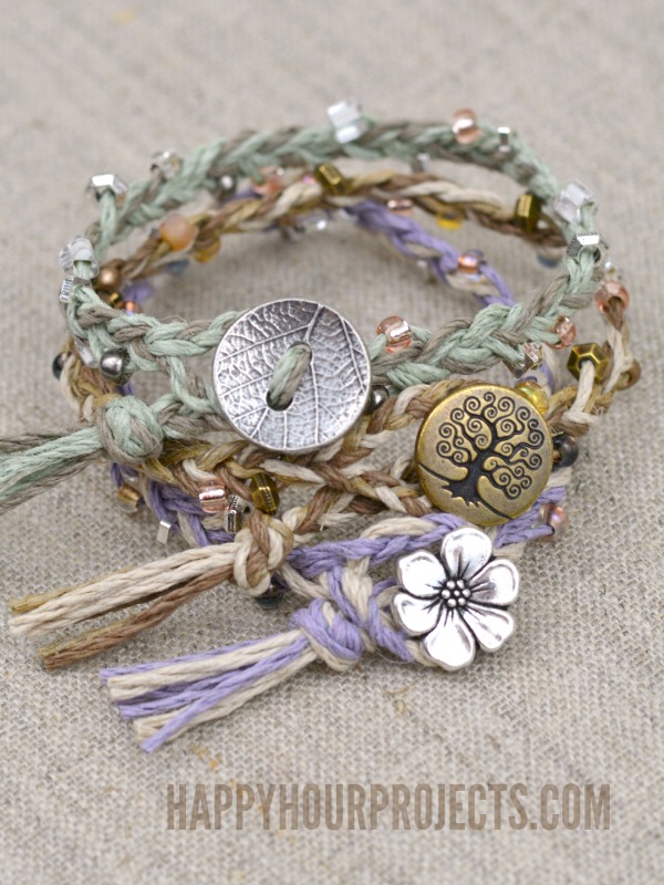 DIY Beaded Button-Clasp Hemp Bracelets | Easy braided DIY bracelets on the cheap at www.happyhourprojects.com