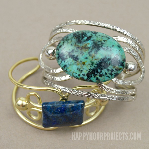 Easy DIY Stone Cuff Bracelets at www.happyhourprojects.com | A one-minute DIY, just mix and match wire bases and stone cabochons!
