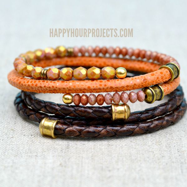 DIY Leather Memory Wire Bracelets at www.happyhourprojects.com