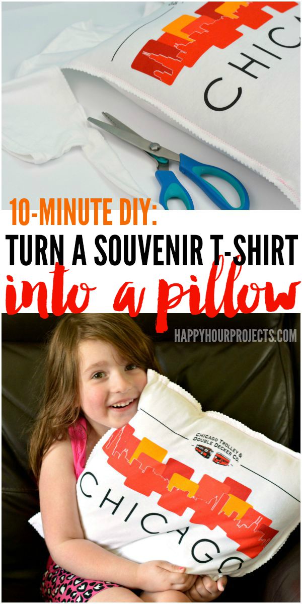 How to Turn a Souvenir T-Shirt Into a Pillow in just 10 Minutes at www.happyhourprojects.com