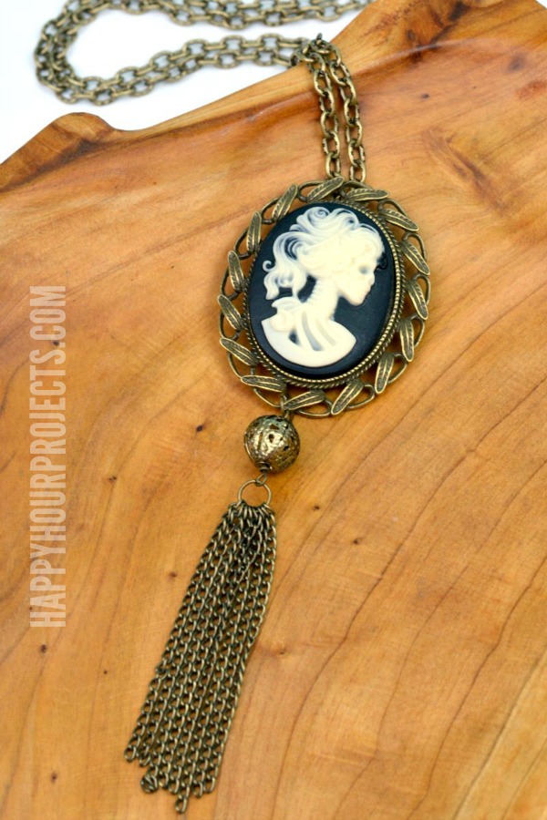DIY Halloween Accessories | Skeleton Cameo Necklace at www.happyhourprojects.com