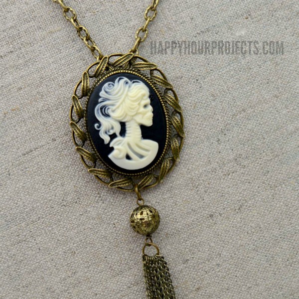 DIY Halloween Accessories | Skeleton Cameo Necklace at www.happyhourprojects.com