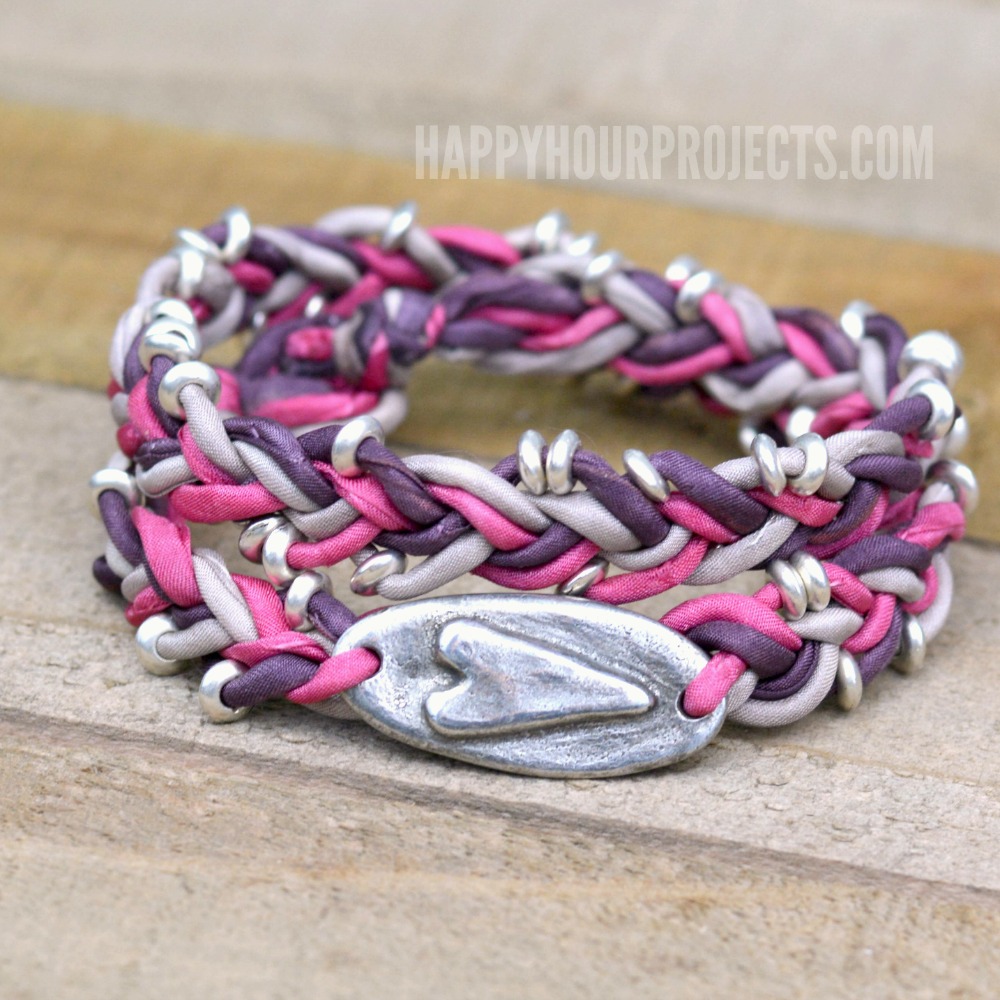 Silk + Pewter Heart Wrap Bracelet Tutorial at happyhourprojects.com