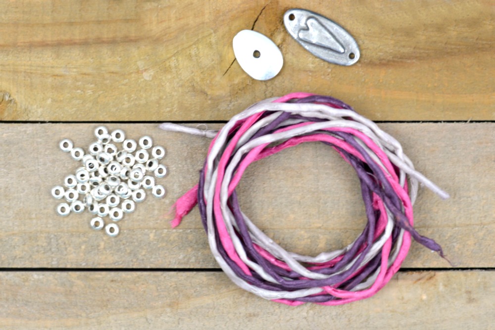 Silk + Pewter Heart Wrap Bracelet Tutorial at happyhourprojects.com
