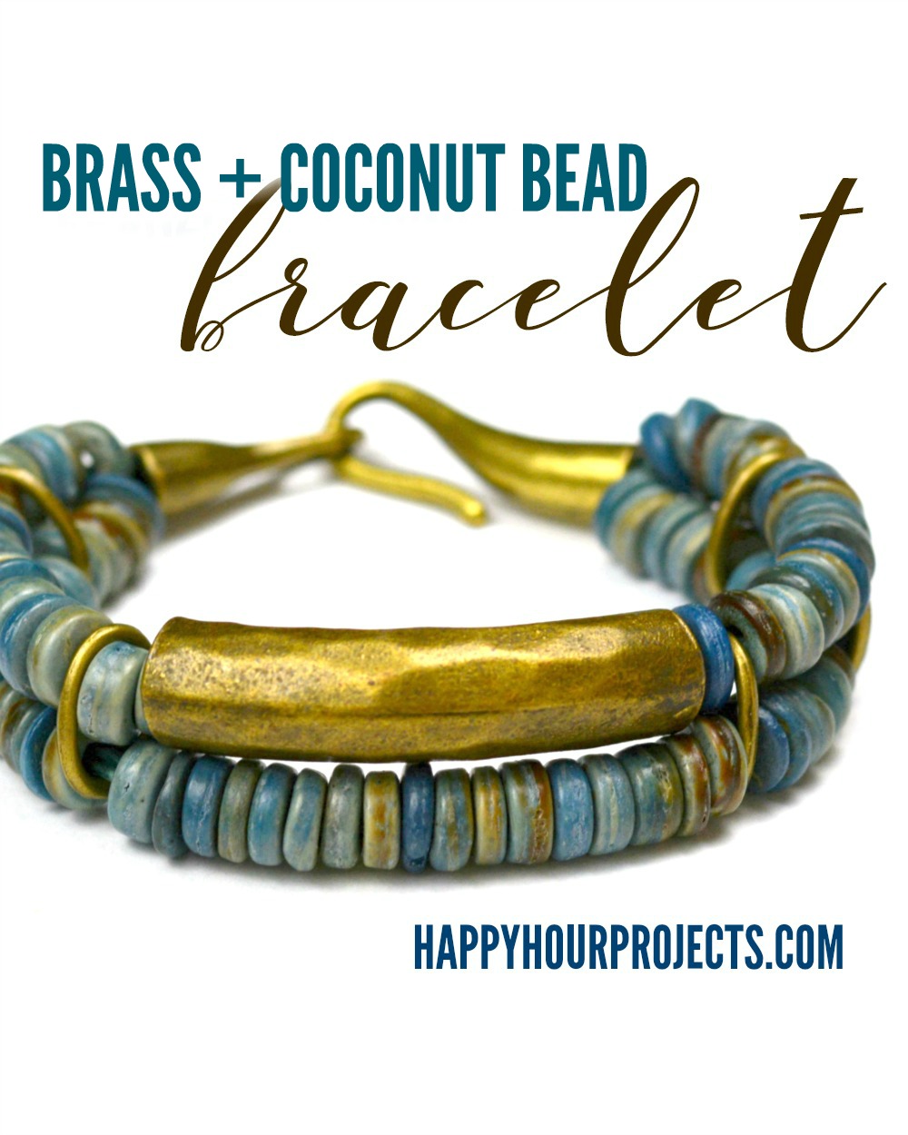 Coconut + Brass DIY Bead Bracelet at happyhourprojects.com #DIY #jewelry #fashion #crafts #accessories