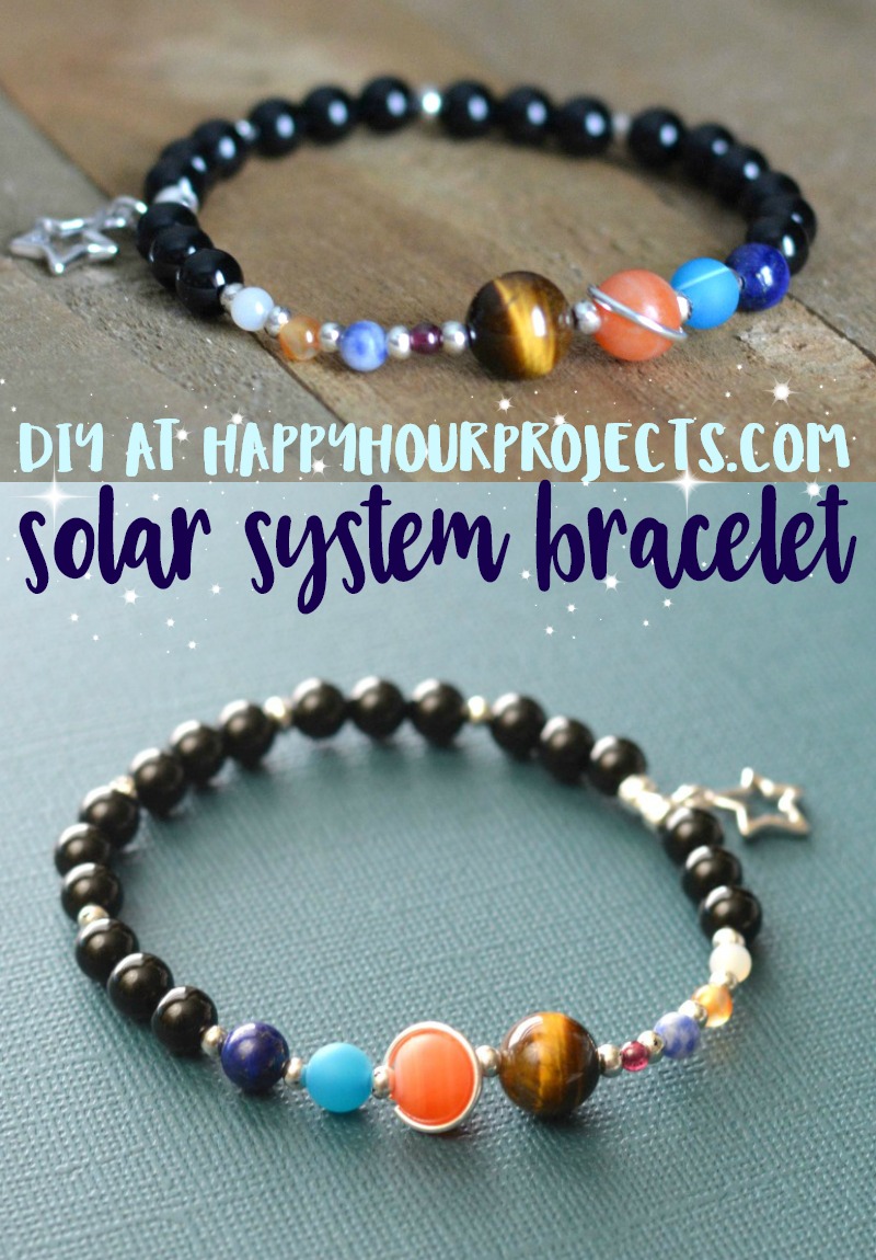 DIY Solar System bracelet at happyhourprojects.com | This DIY features gemstone beads and pewter elements on a simple stretch cord. A fun DIY and a great science lesson too! #science #space #DIY #jewelry