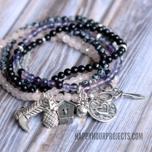 Stone Bead + Pewter Charm Easy DIY Bracelets at happyhourprojects.com | Stack together or wear alone! These easy stretch bracelets are fun to make and beginner-friendly.