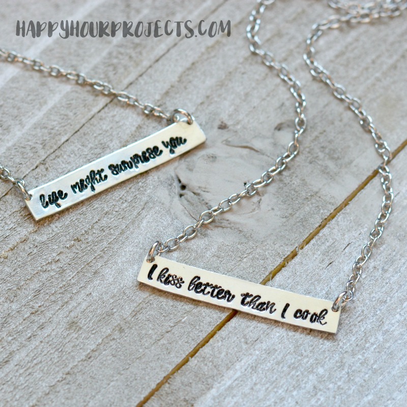 DIY Hand Stamped Bar Necklace at happyhourprojects.com | Use script fonts like ImpressArt's Charlotte to fit more text on personalized pieces!