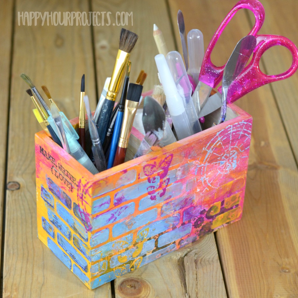 Mixed Media Decor | How to Stencil and layer designs on plain wood. A fun way to organize tools and supplies at happyhourprojects.com