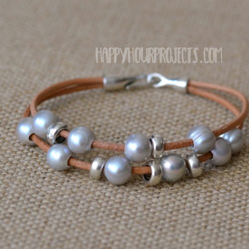 DIY Leather Bracelets | Pearl + Pewter Bead Bracelets at happyhourprojects.com