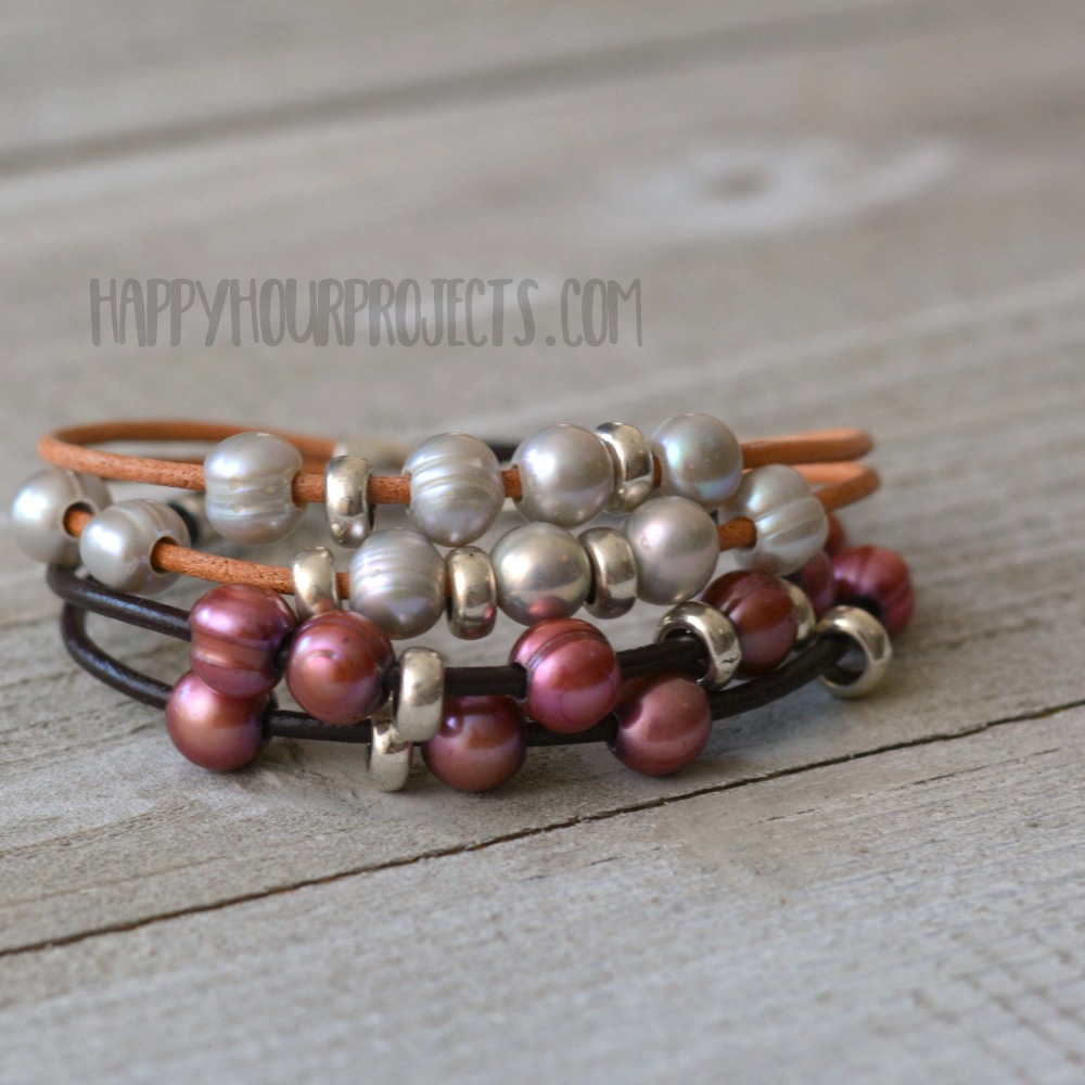 DIY Leather Bracelets | Pearl + Pewter Bead Bracelets at happyhourprojects.com