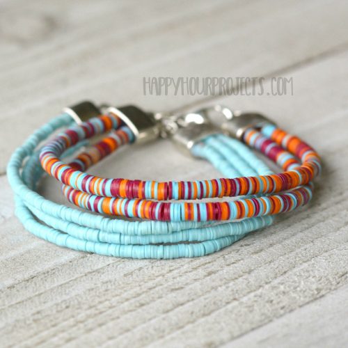 DIY Multi Strand Bracelet with Vinyl Disc Beads at happyhourprojects.com